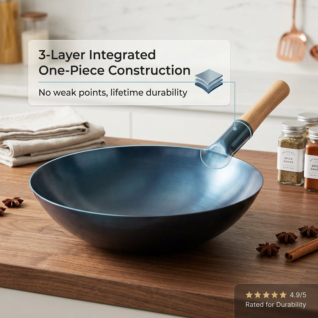 SteelMuxi Uncoated Carbon Steel Wok with Mahogany Handle