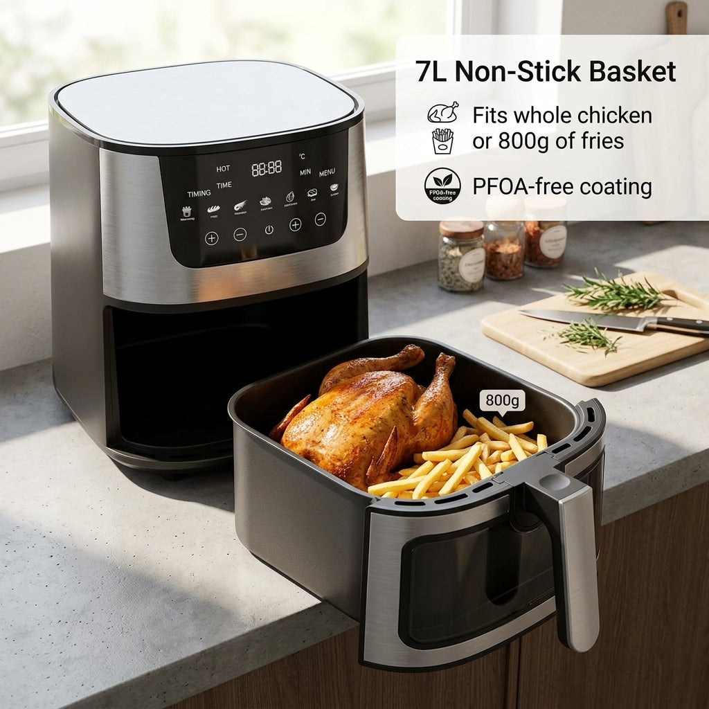 CrispDum 7L Air Fryer - 2400W Rapid Heating & Viewing Window