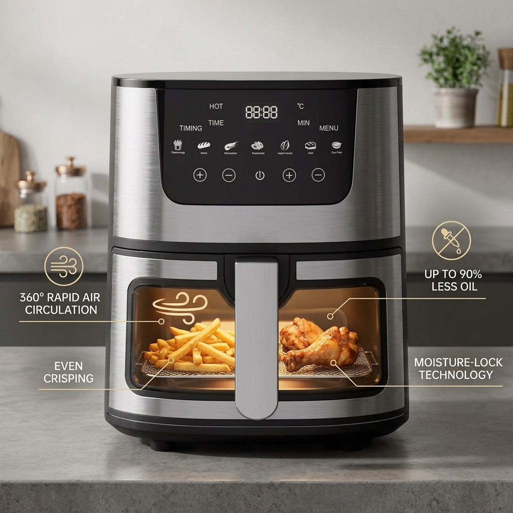 CrispDum 7L Air Fryer - 2400W Rapid Heating & Viewing Window