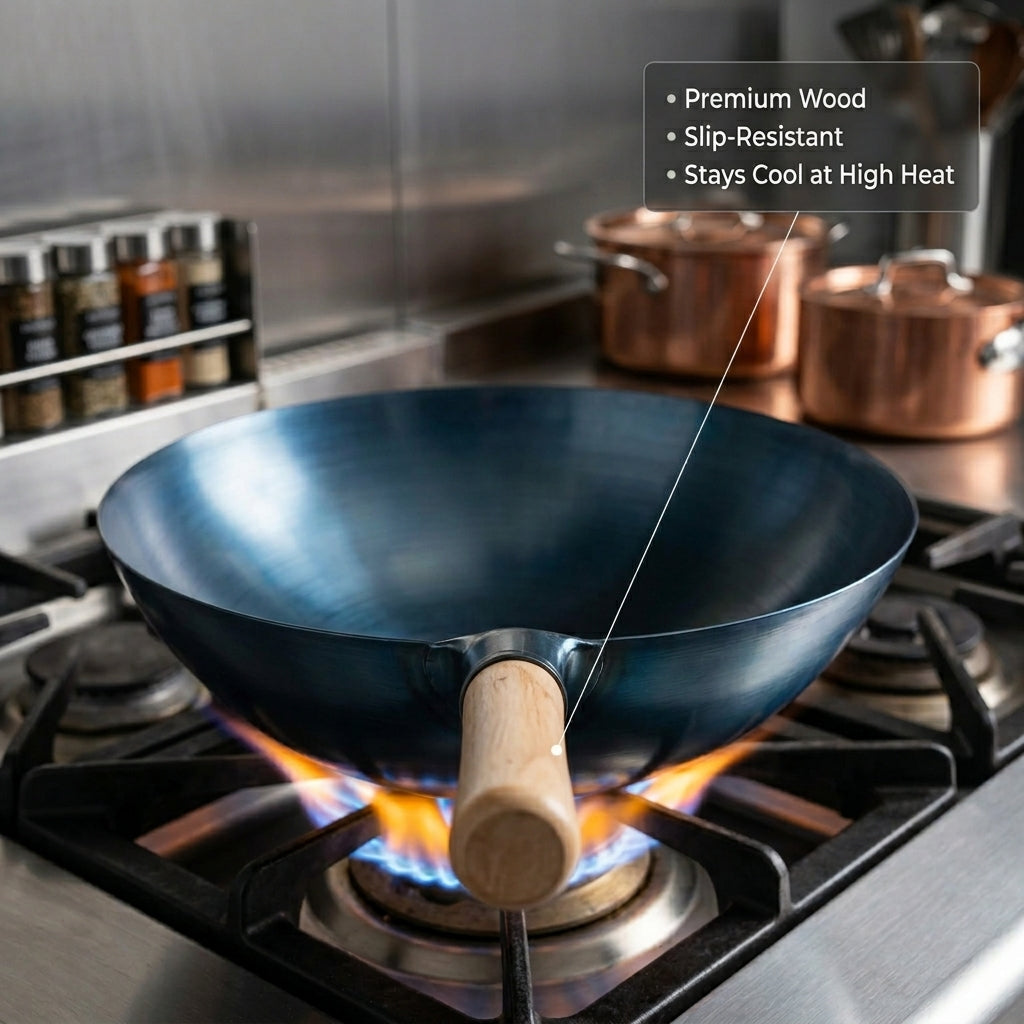 SteelMuxi Uncoated Carbon Steel Wok with Mahogany Handle