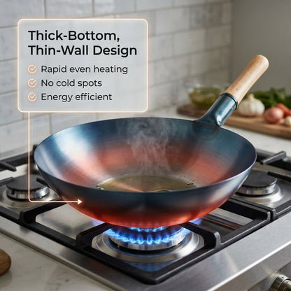 SteelMuxi Uncoated Carbon Steel Wok with Mahogany Handle