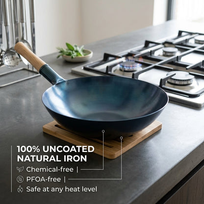 SteelMuxi Uncoated Carbon Steel Wok with Mahogany Handle
