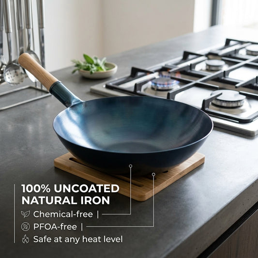 SteelMuxi Uncoated Carbon Steel Wok with Mahogany Handle