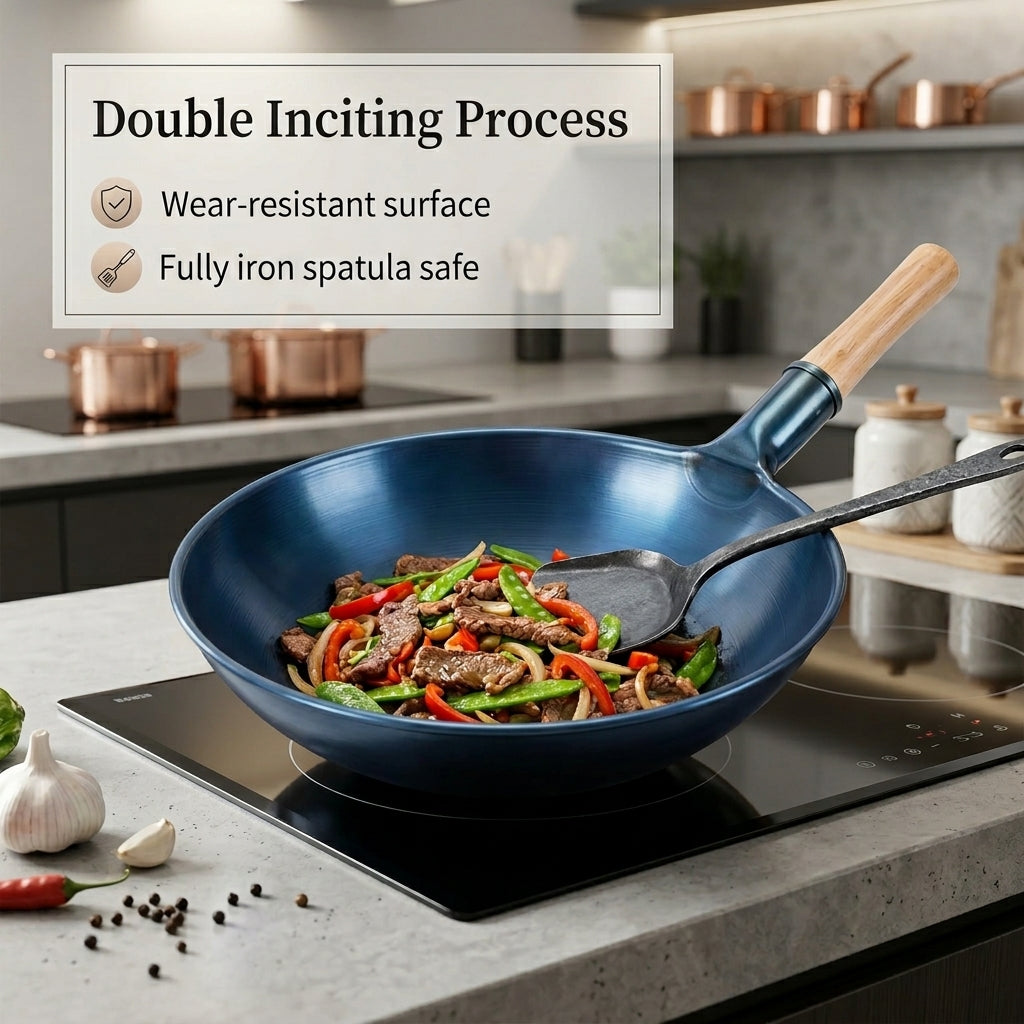 SteelMuxi Uncoated Carbon Steel Wok with Mahogany Handle