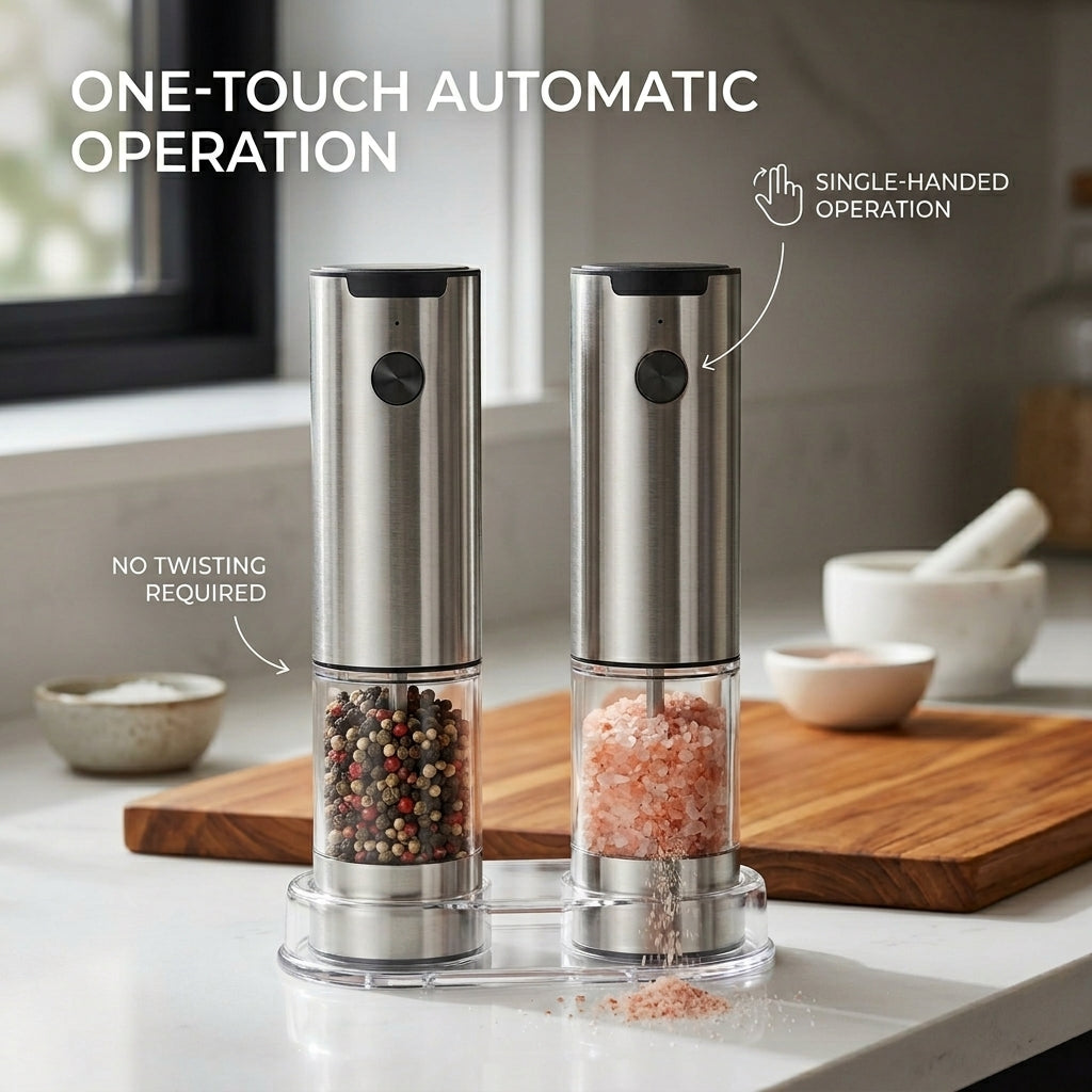 GrindTise One-Touch Electric Salt and Pepper Grinder Set with LED