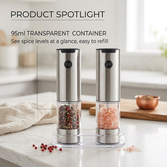 GrindTise One-Touch Electric Salt and Pepper Grinder Set with LED