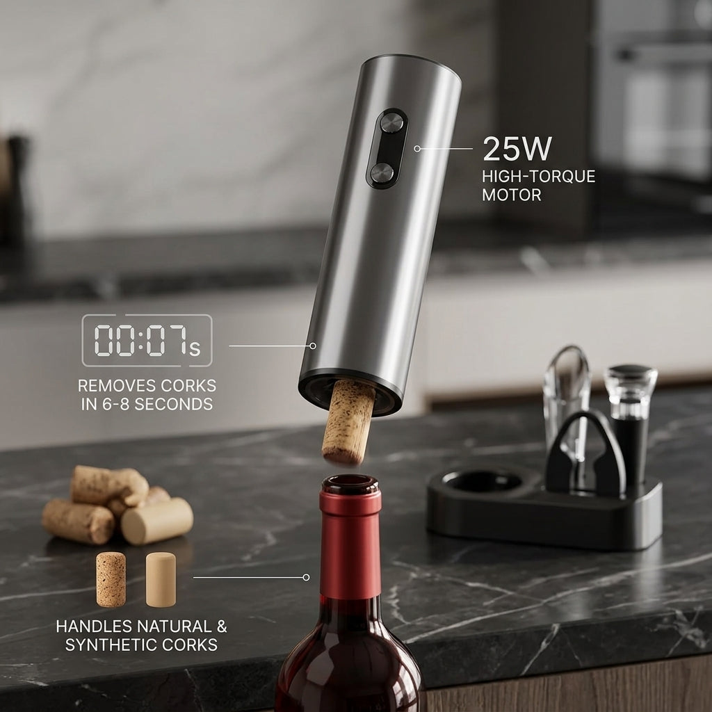 EnziVine Electric Wine Opener Gift Set with Vacuum Stopper