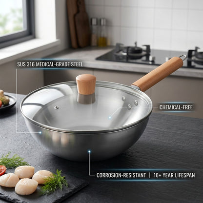 WokMaxi Professional Steel Wok with Wooden Handle