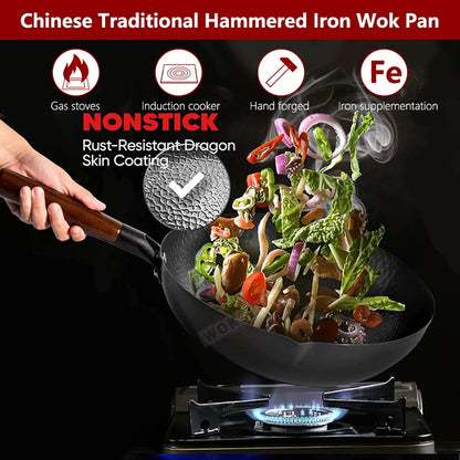 CoftDrew Professional Carbon Steel Wok with Wooden Lid