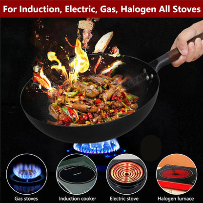 CoftDrew Professional Carbon Steel Wok with Wooden Lid