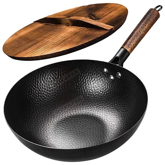 CoftDrew Professional Carbon Steel Wok with Wooden Lid