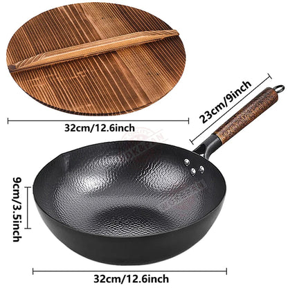 CoftDrew Professional Carbon Steel Wok with Wooden Lid