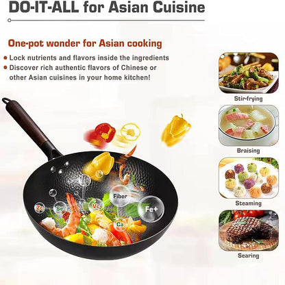 CoftDrew Professional Carbon Steel Wok with Wooden Lid