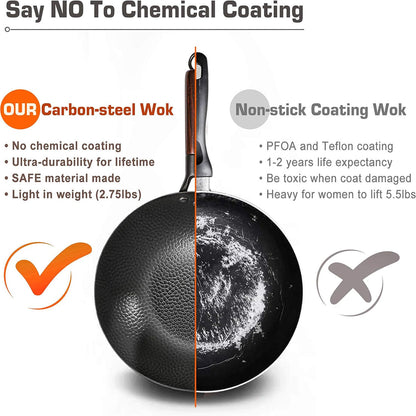 CoftDrew Professional Carbon Steel Wok with Wooden Lid