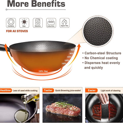CoftDrew Professional Carbon Steel Wok with Wooden Lid