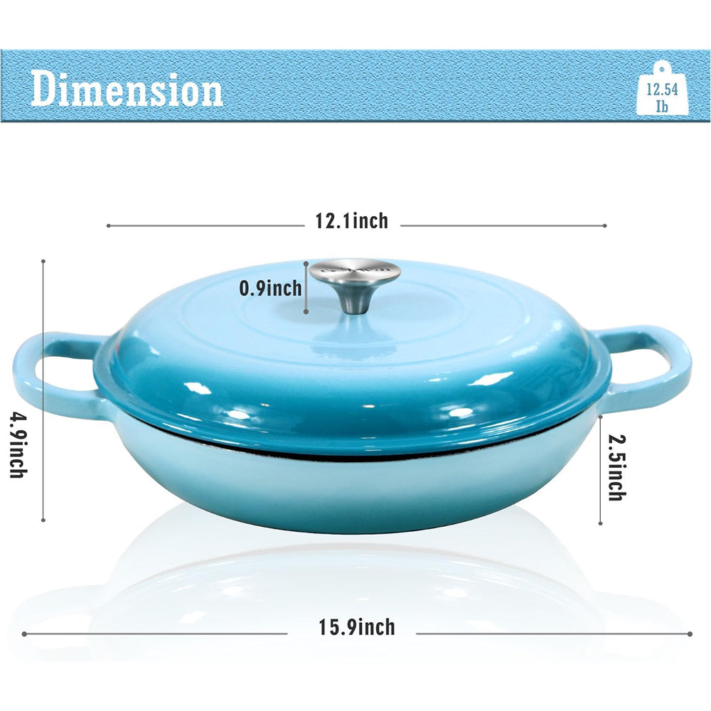 NordHeax Professional 12.1" Enameled Cast Iron Skillet with Steam Lid