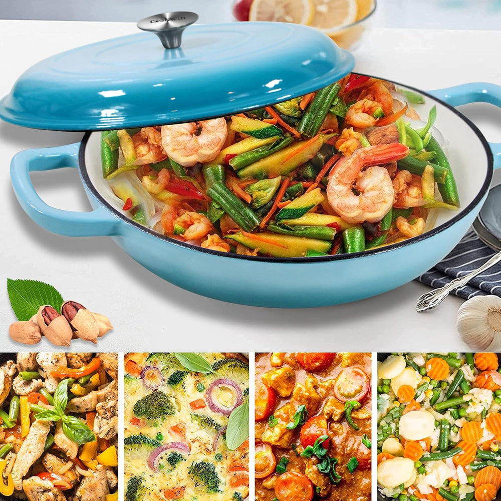 NordHeax Professional 12.1" Enameled Cast Iron Skillet with Steam Lid