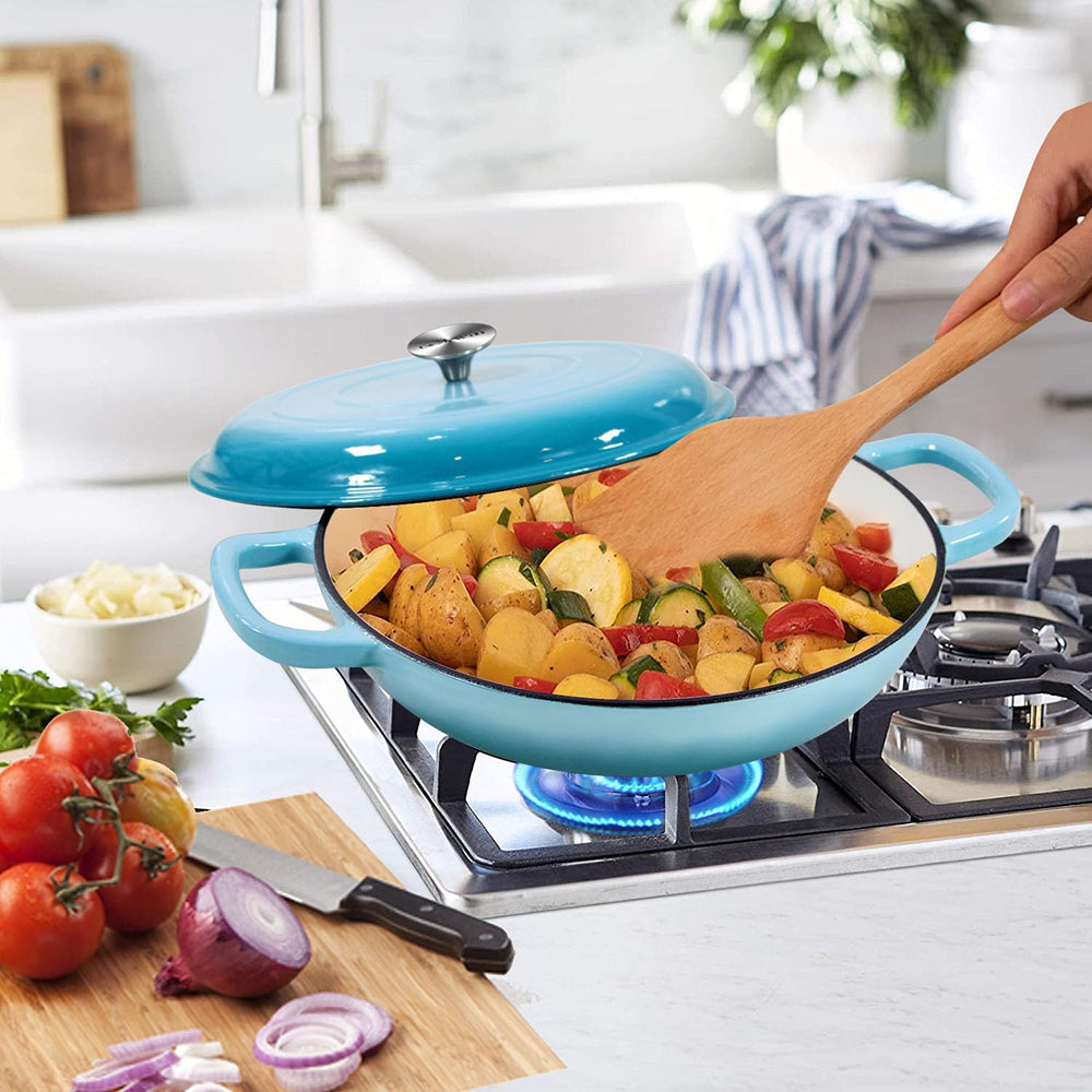 NordHeax Professional 12.1" Enameled Cast Iron Skillet with Steam Lid