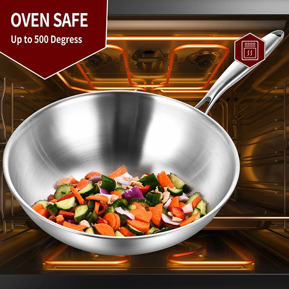 PrixMors Tri-Ply Clad Stainless Steel Wok & Fry Pan